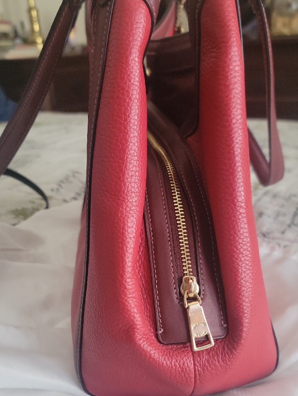 Coach Red Kristy Pebbled Leather Shoulder Bag with Brown Trim - Picture 6 of 6